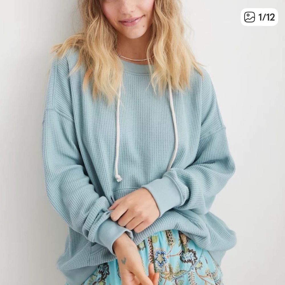Aerie Waffle Knit Hoodie Blue Womens Large